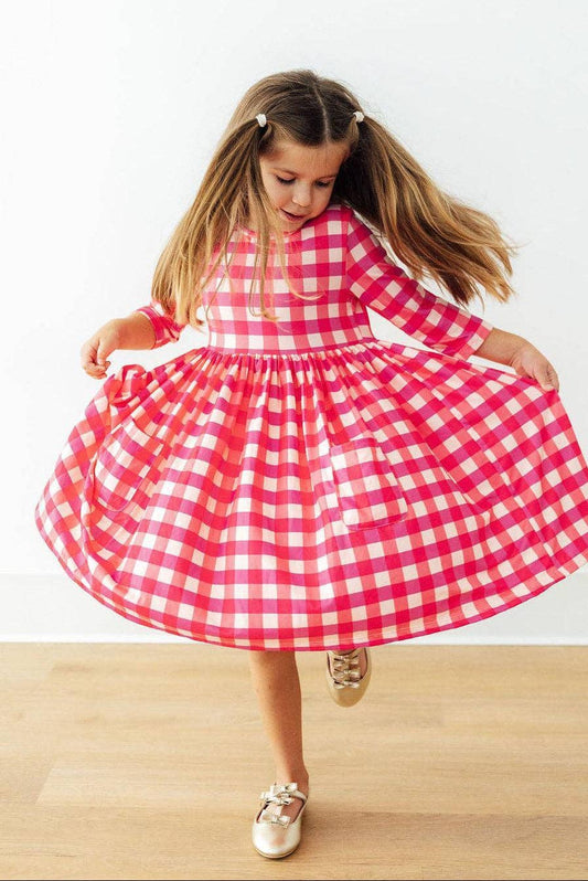 Gingham 3/4 Sleeve Twirl Dress