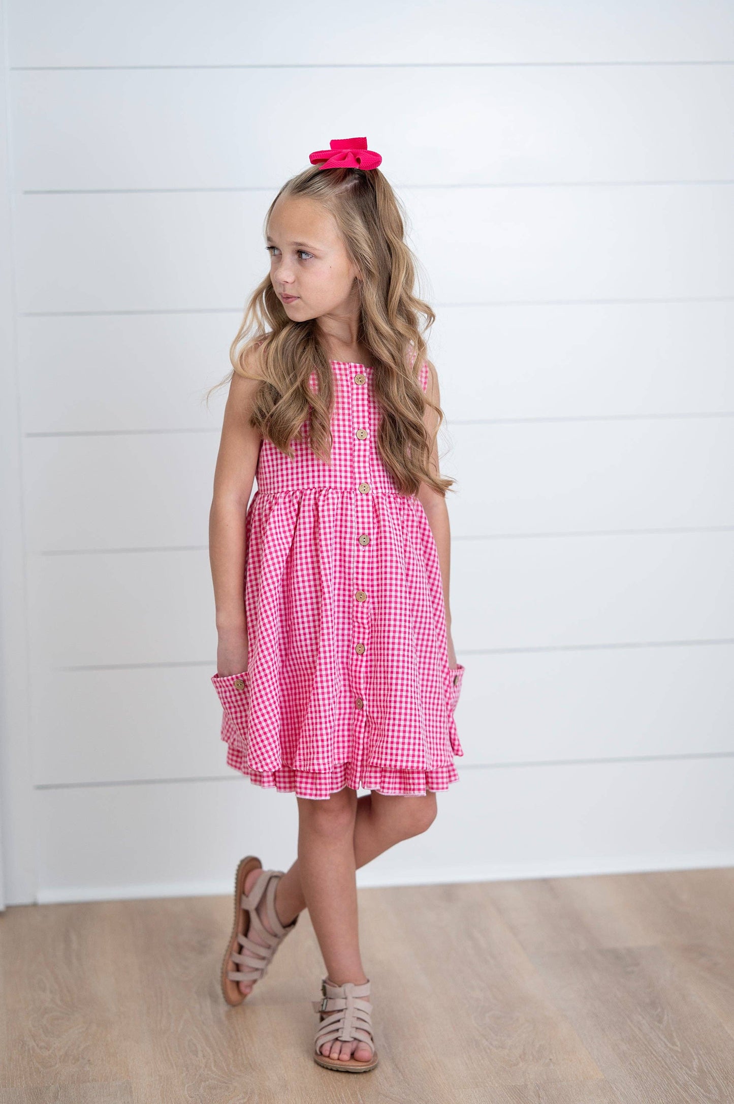 Kids Brooke Hot Pink Gingham Check Pocket Summer Dress