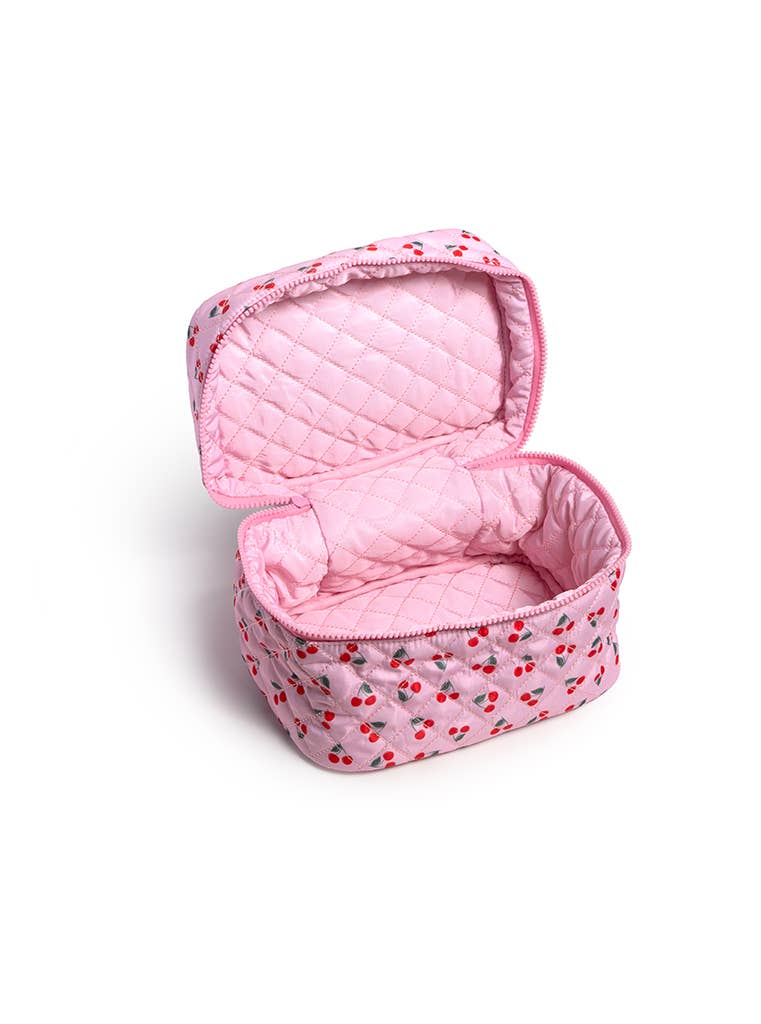 Cosmetic Travel Case / Makeup Bag - Red Cherries - Pink