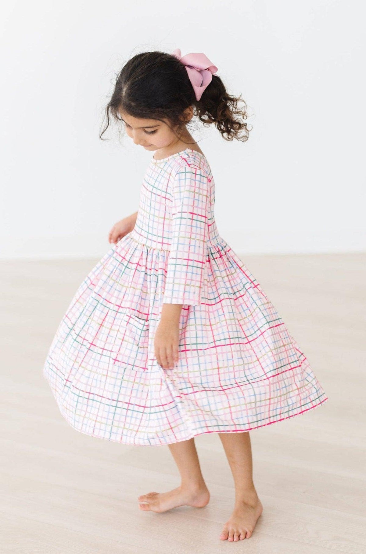 Pink Plaid 3/4 Sleeve Dress