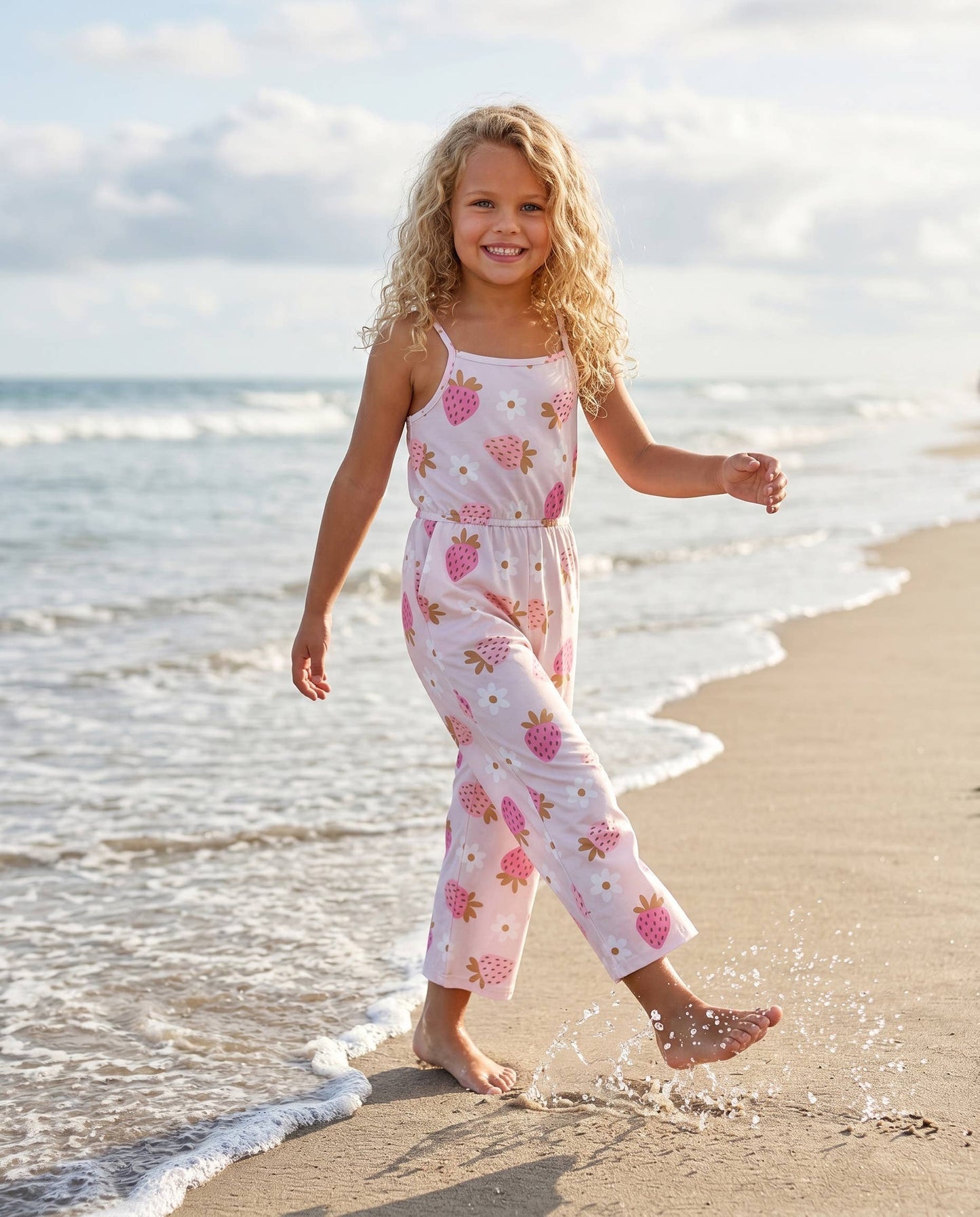 Kids Millie Pink Strawberry Summer Jumpsuit With Pockets