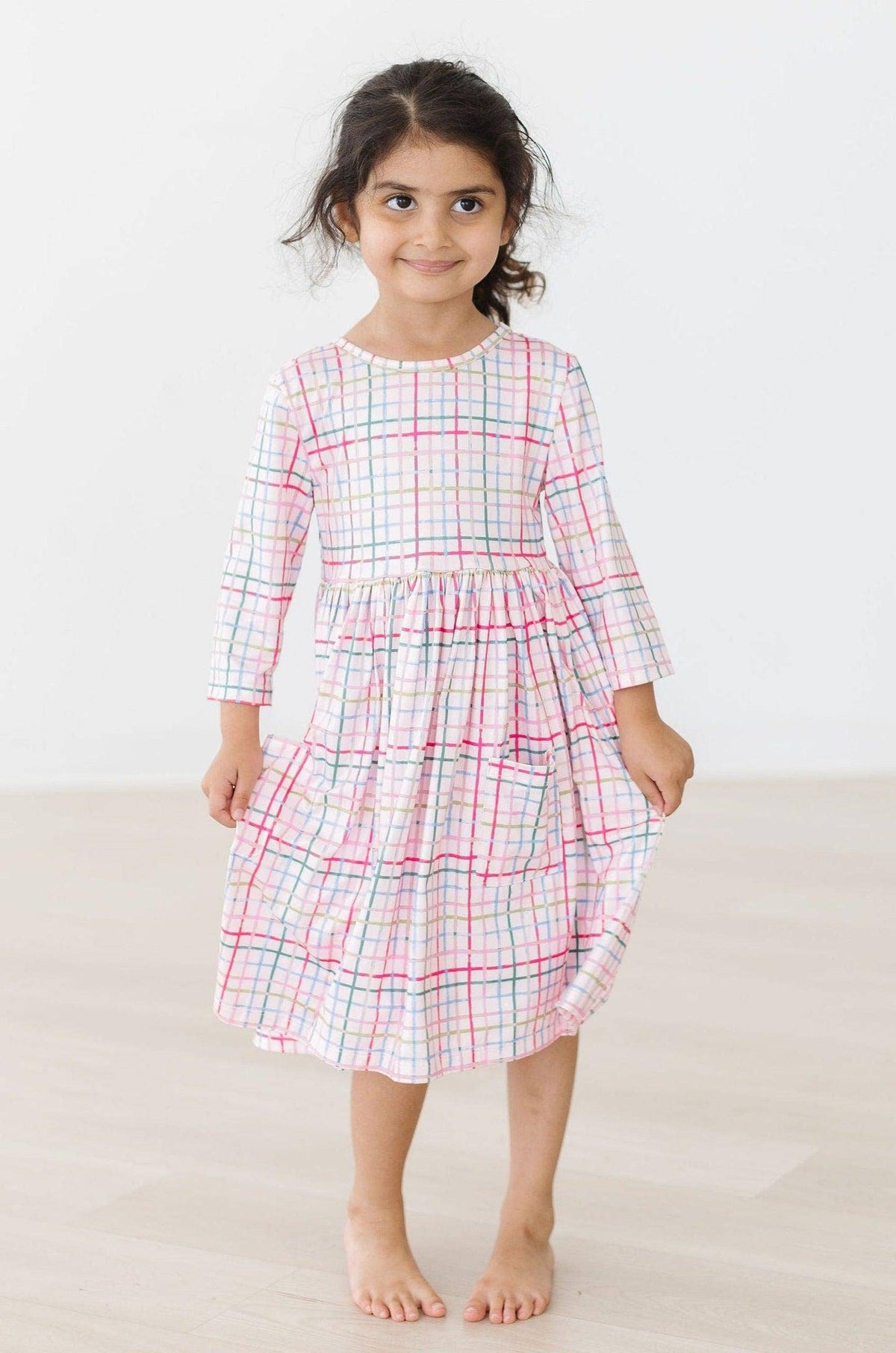 Pink Plaid 3/4 Sleeve Dress