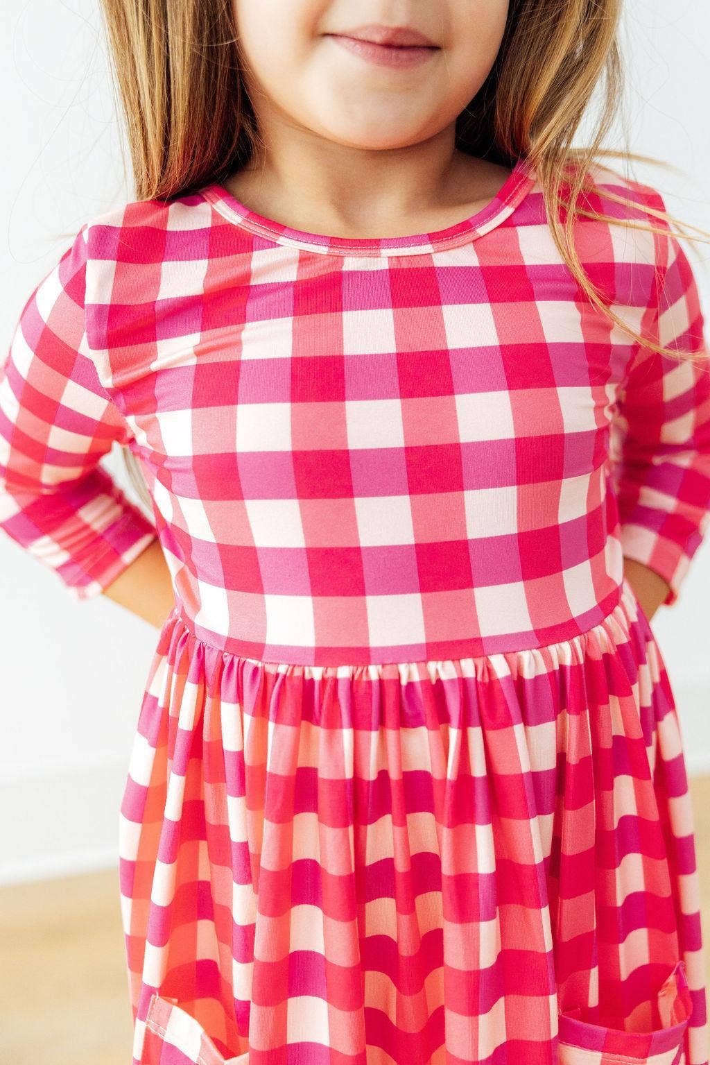 Gingham 3/4 Sleeve Twirl Dress