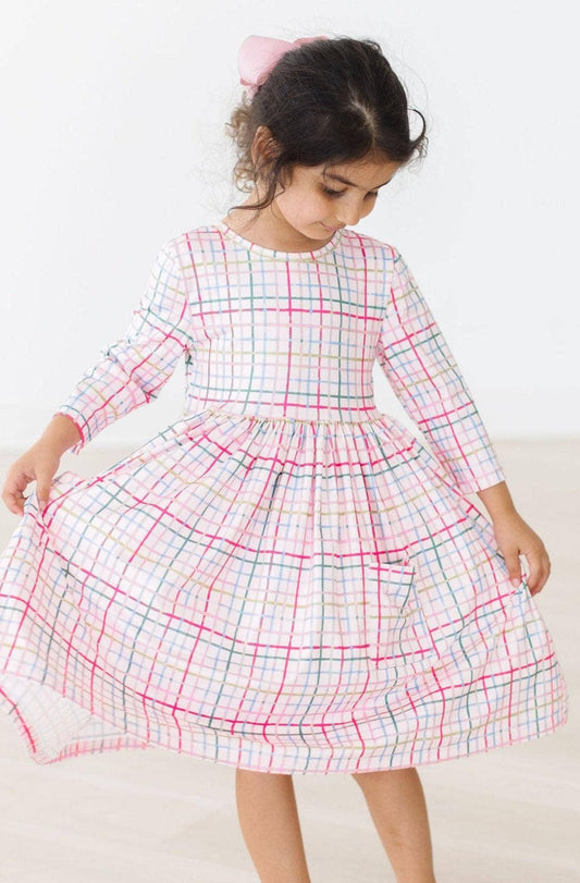 Pink Plaid 3/4 Sleeve Dress