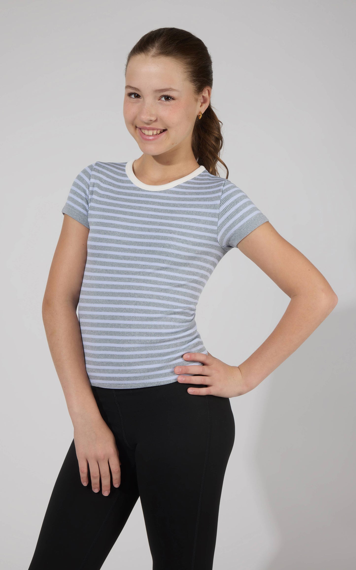 Tween Girls Rib Seamless Stripe Short Sleeve Tee