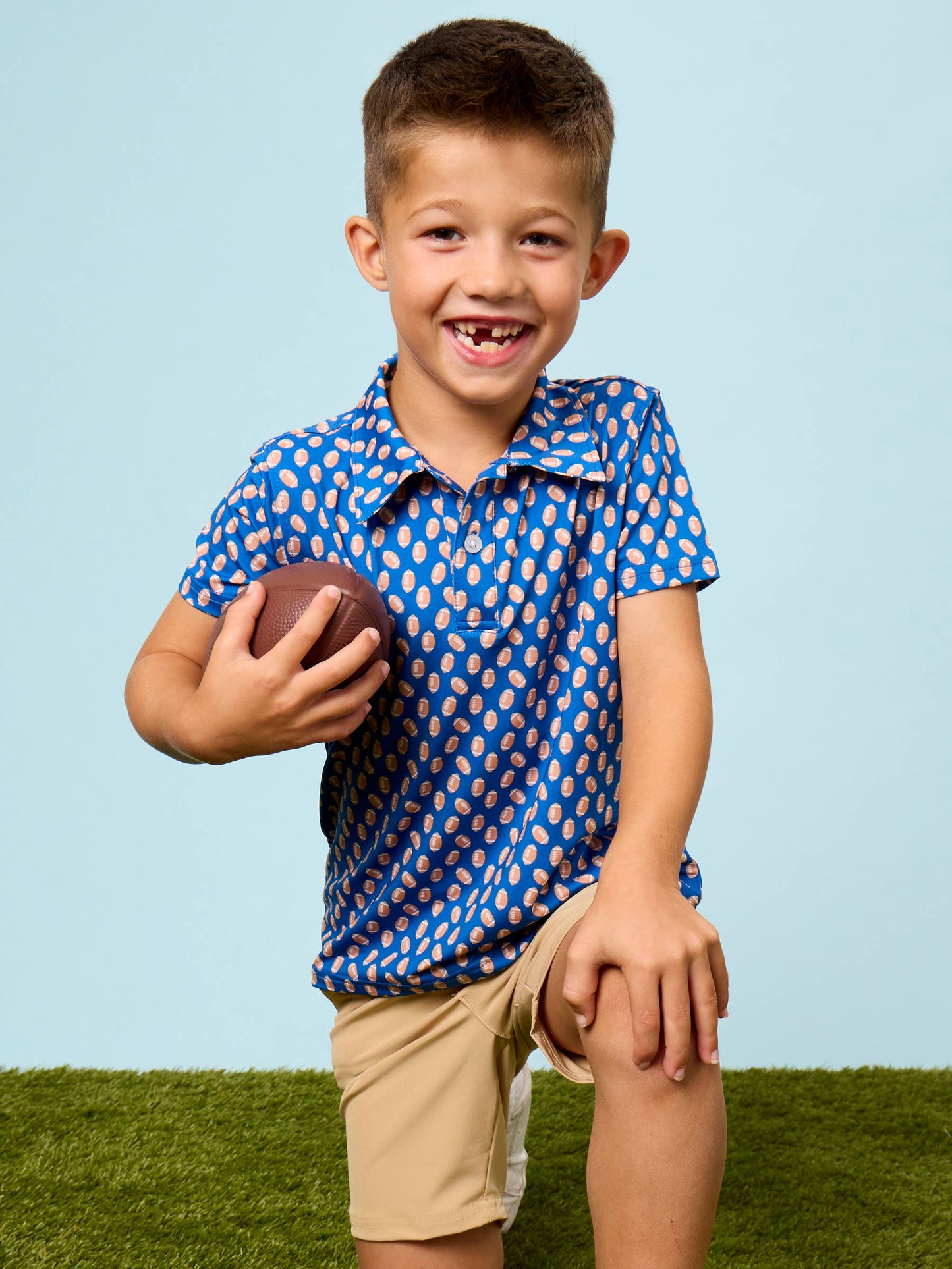 Boys Varsity Blue Football Frenzy Knit Short Sleeve Performance Polo