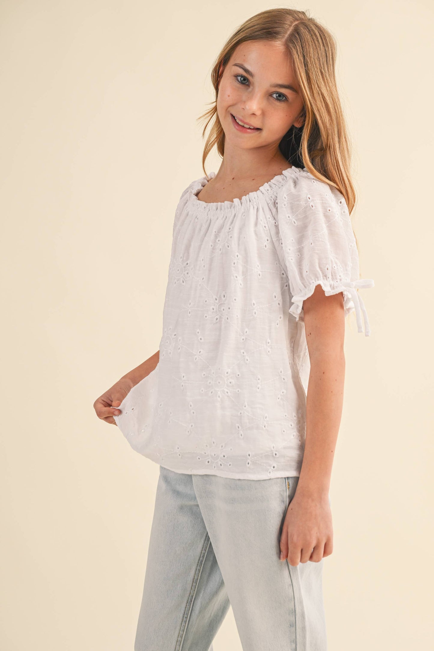 GIRLS PEASANT EYELET TOP