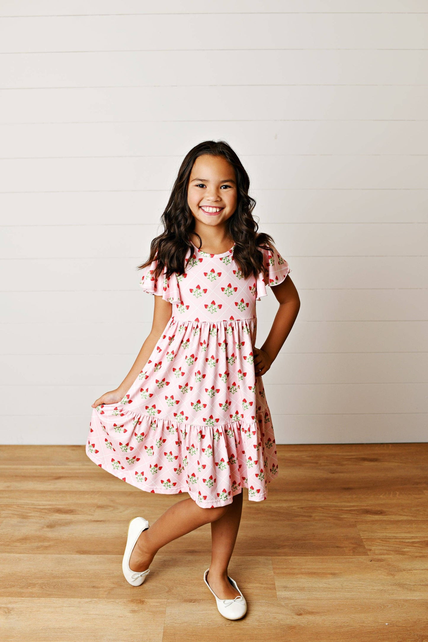 Kids Emmy Pink Strawberry Flutter Sleeve Twirl Spring Dress