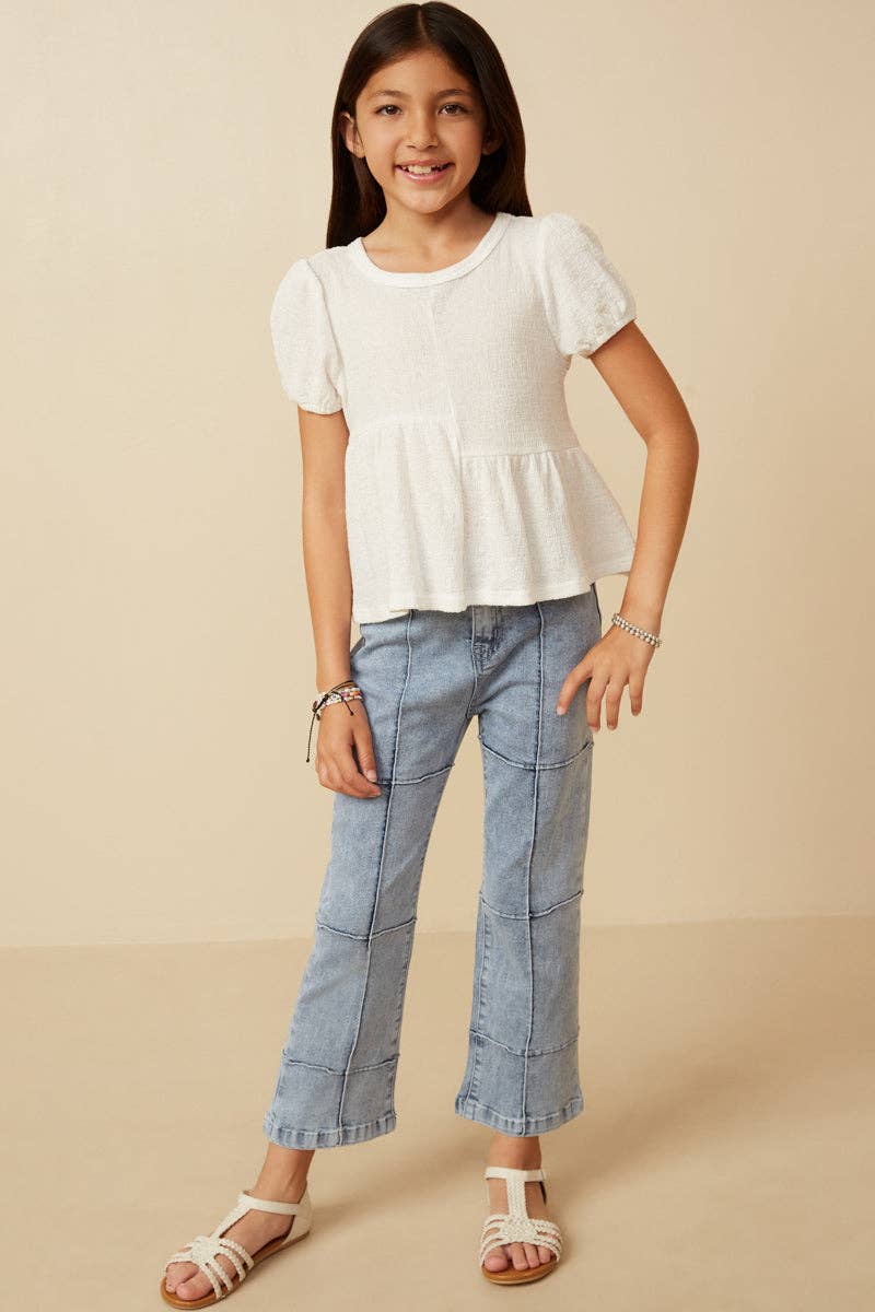 Girls Textured Puff Sleeve Asymmetric Panel Knit Top